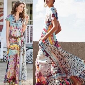 Johnny Was XS Maxi‎ Dress 100% Silk Floral Patchwork Bohemian Resortcore